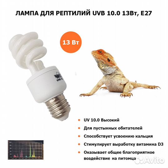 Лампа для рептилий Lucky Herp UVB 10.0 13Вт, E27