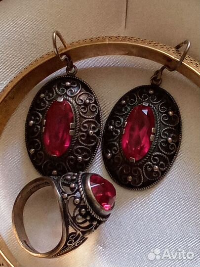 Старинные серебряные серьги 875 проба и кольцо