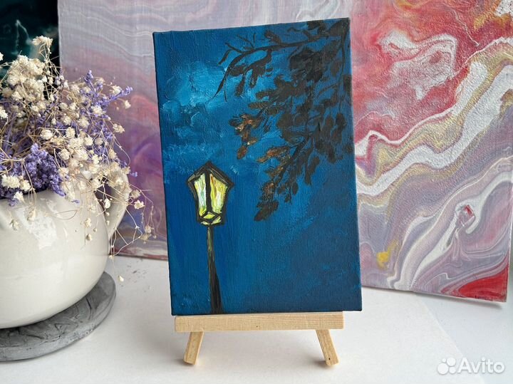 Картина акрилом, холст на картоне, фонарь