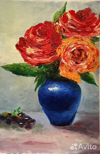 Картина миниатюра, натюрморт с розами