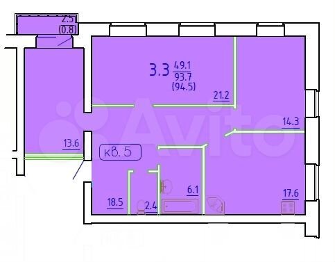 3-к. квартира, 95,6 м², 2/3 эт.