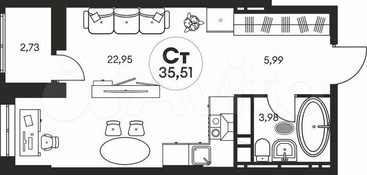 Квартира-студия, 35,5 м², 17/19 эт.