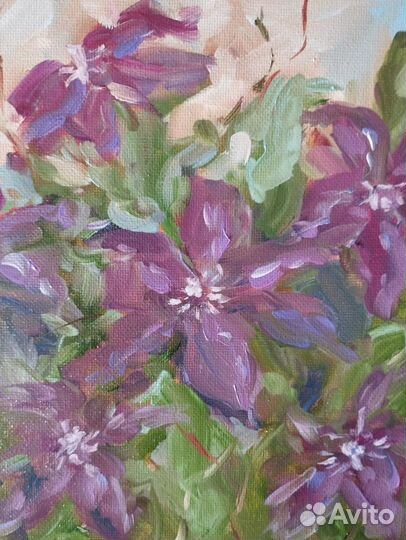 Картина маслом на холсте цветы Фиолетовый клематис