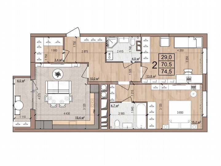 2-к. квартира, 74,5 м², 4/16 эт.