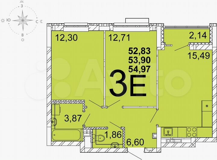2-к. квартира, 52,3 м², 11/25 эт.
