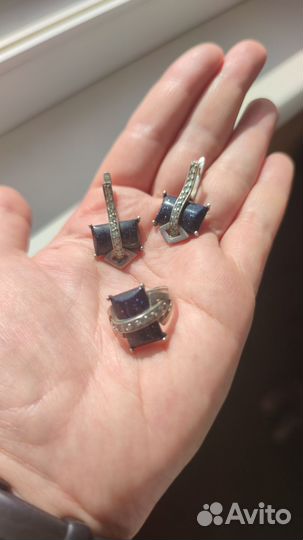 Серебряный комплект с авантюрином и цирконами 925