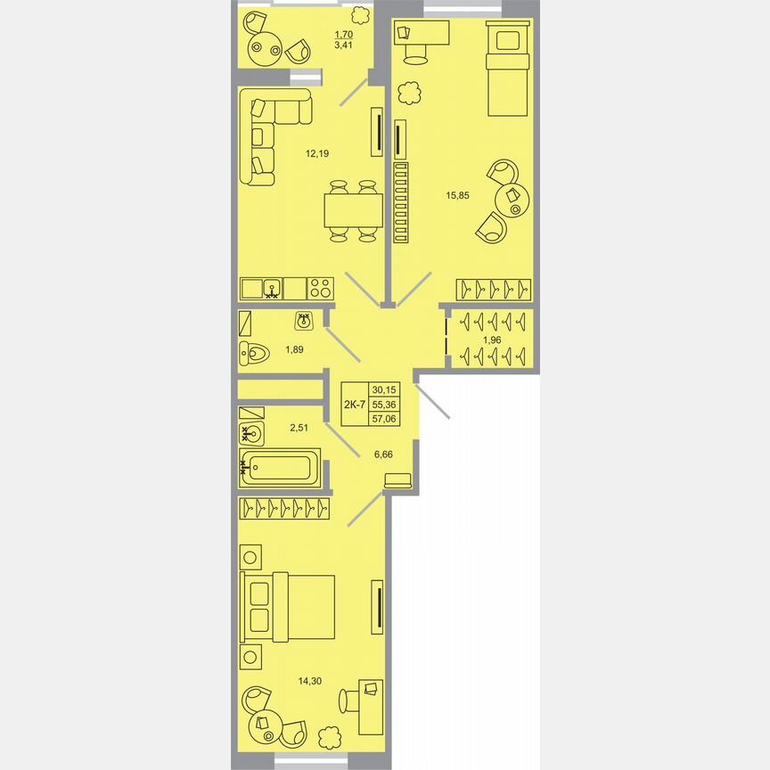 2-к. квартира, 57,1 м², 15/17 эт.
