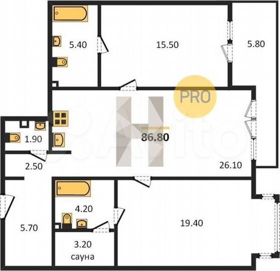 2-к. квартира, 86,8 м², 3/14 эт.
