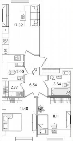 2-к. квартира, 54,8 м², 2/9 эт.