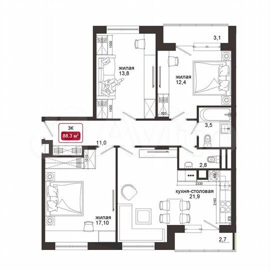 3-к. квартира, 88,3 м², 1/4 эт.