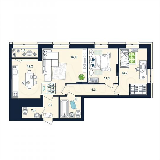 3-к. квартира, 76,3 м², 20/25 эт.