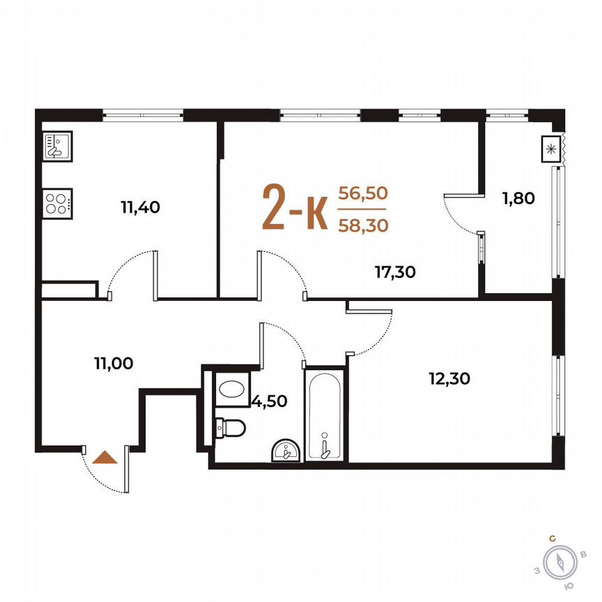 2-к. квартира, 58,3 м², 4/8 эт.