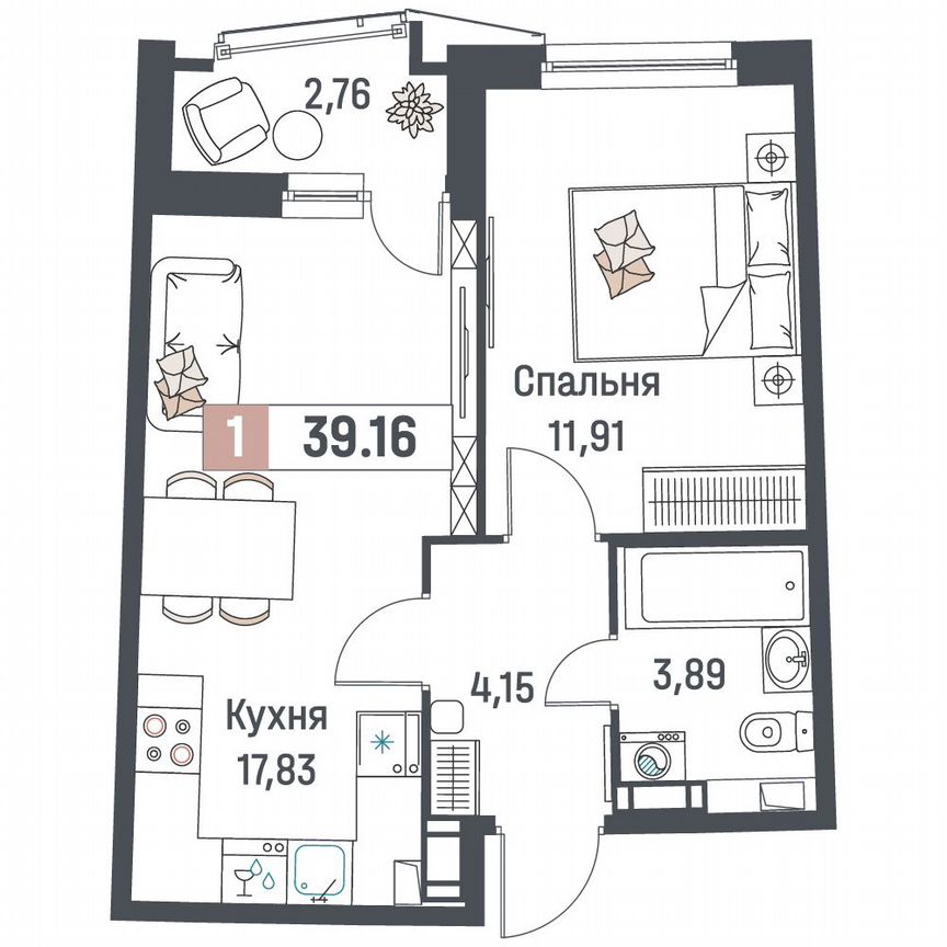 1-к. квартира, 39,2 м², 3/18 эт.