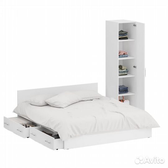 Кровать белая двуспальная с ящиками 1800 с пеналом Стандарт, цвет белый, спальное место 1800х2000 мм