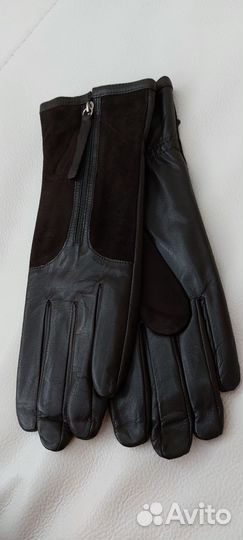 Перчатки женские кожа с замшей на флисе коричневые
