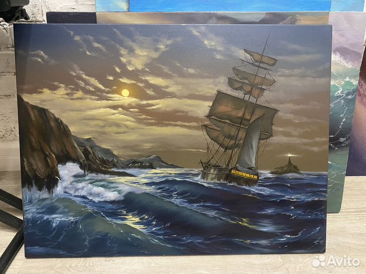 Картина маслом корабль на волнах по мотивам Ружика
