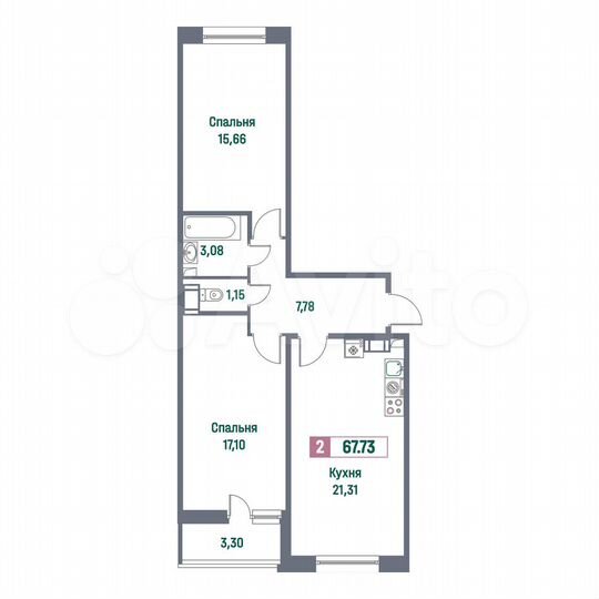 2-к. квартира, 67,7 м², 3/16 эт.