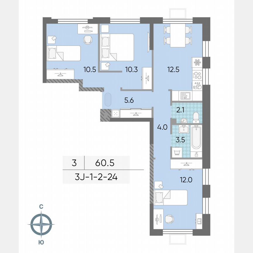 3-к. квартира, 60,5 м², 4/24 эт.