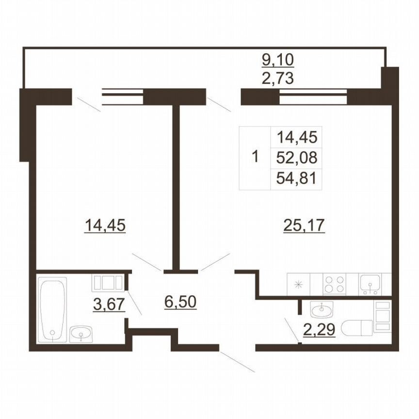 1-к. квартира, 54,8 м², 2/6 эт.