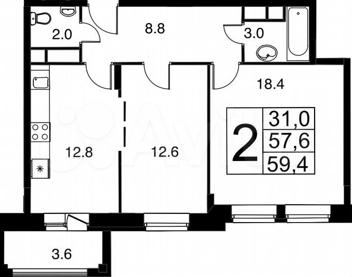 2-к. квартира, 58,7 м², 3/9 эт.