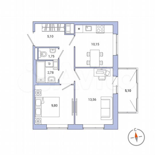 2-к. квартира, 48,2 м², 8/9 эт.