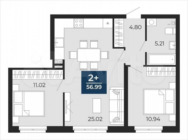 2-к. квартира, 57 м², 2/24 эт.