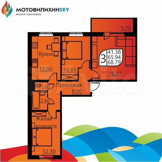 3-к. квартира, 65 м², 12/16 эт.