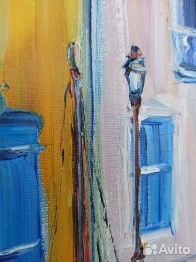 Картина лодки город маслом на холсте пейзаж 35х45