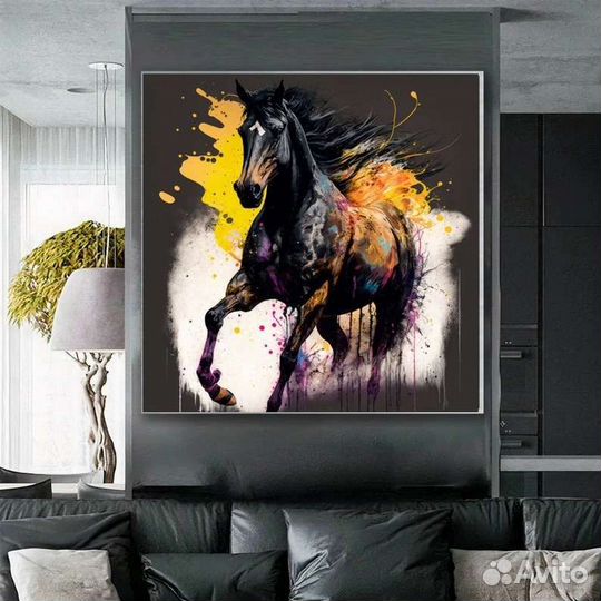 Картина маслом черная лошадь