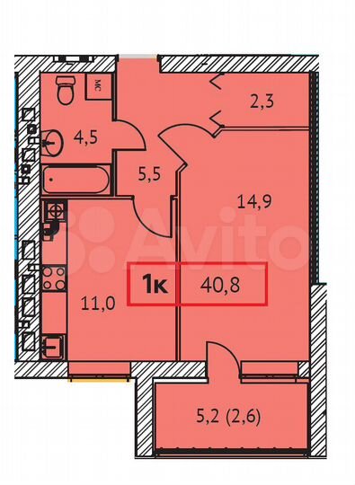 1-к. квартира, 40,8 м², 4/9 эт.