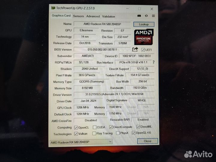 Игровая видеокарта AMD RX 580 8Гб