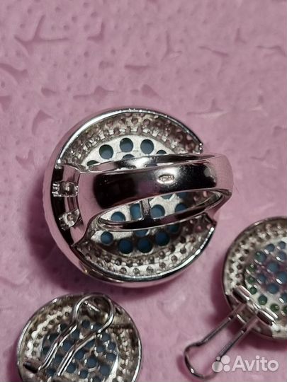 Кольцо и серьги. Серебро 925, фианиты, бирюза