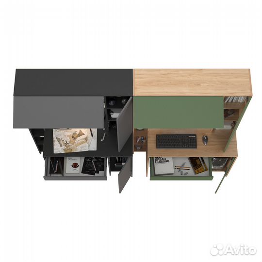 Два больших компьютерных стола Mobi Комфорт 12.71 цвет антрацит/серый/гикори/дым.зелёный