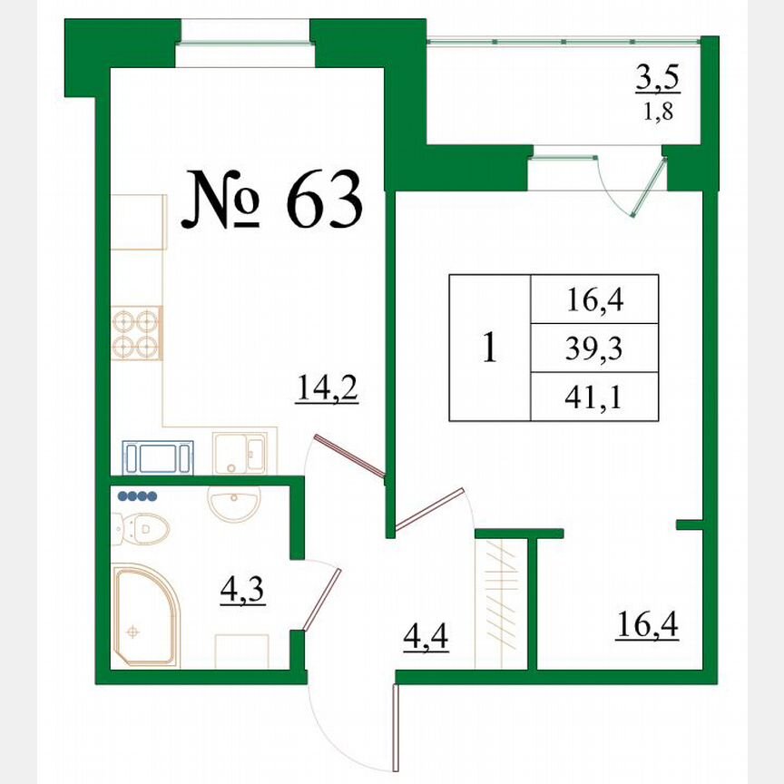 1-к. квартира, 41,1 м², 8/8 эт.
