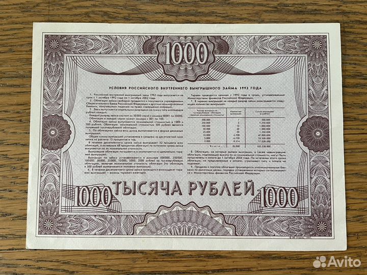 Облигация 1992 года 1000 рублей