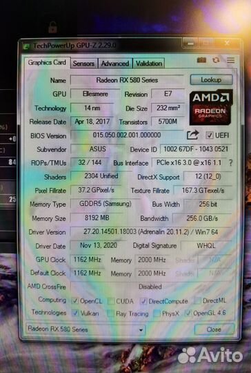 Видеокарта Asus RX580 8GB