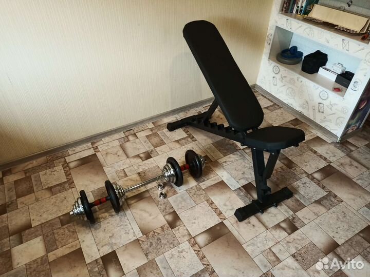 Скамья для жима, с разборными гантелями по 19 кг