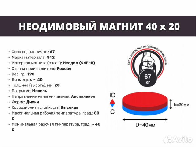 Неодимовый магнит диск 40х20 мм