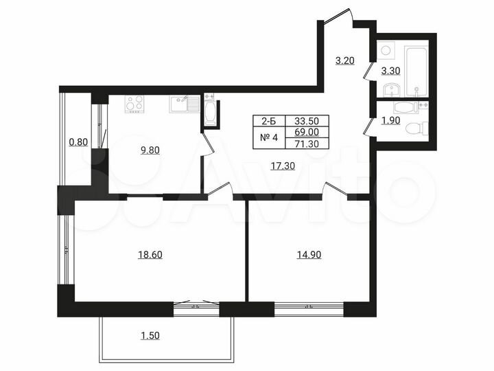 2-к. квартира, 71,3 м², 7/9 эт.