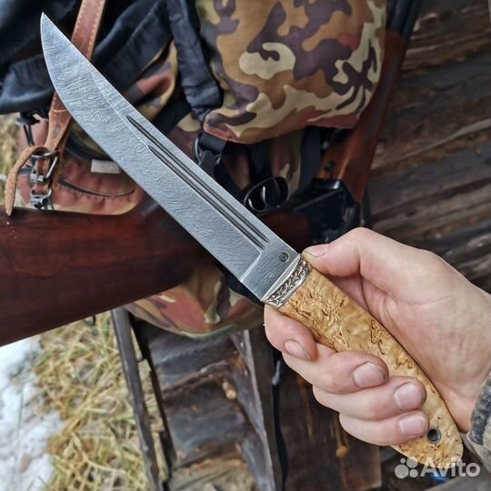 Нож Засапожный из дамасской стали карельская берез