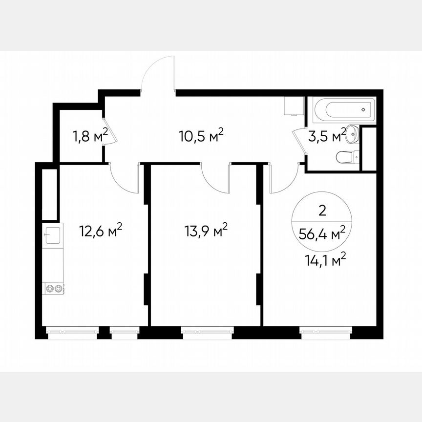 2-к. квартира, 56,4 м², 14/17 эт.