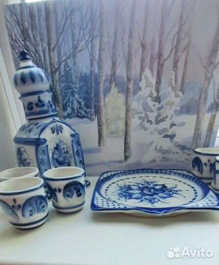 Штоф коньячный, стопки, поднос Гжель авторская