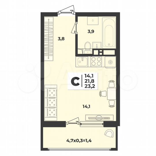 Квартира-студия, 23,2 м², 9/9 эт.