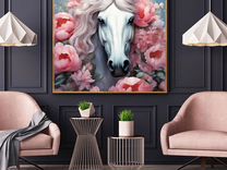 Картина маслом Лошадь среди нежных розовых пионов