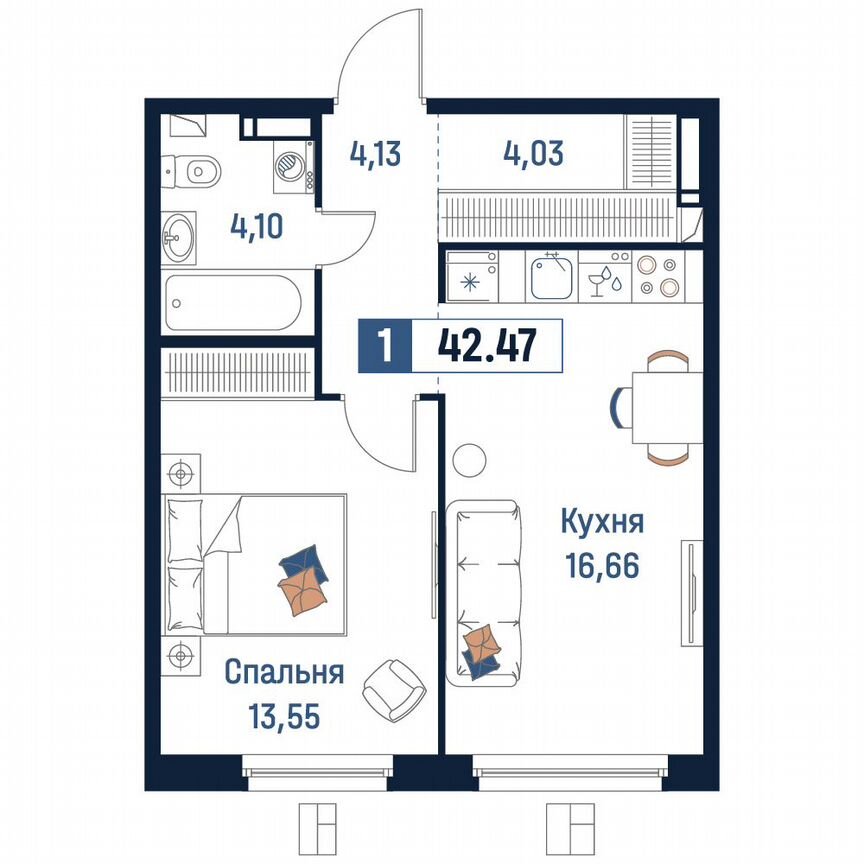 1-к. квартира, 42,5 м², 11/18 эт.
