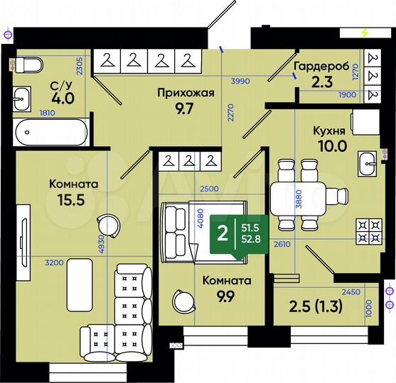 2-к. квартира, 52,6 м², 1/3 эт.