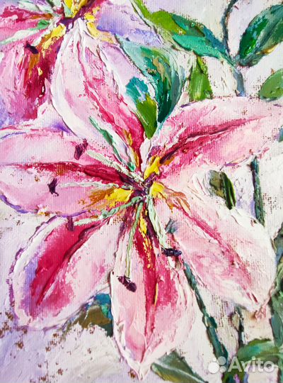 Картина в раме маслом Диптих цветы Лилии 40/60 см