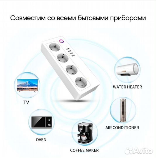 Умный сетевой фильтр 1.8м (4*гн,4*USB.)