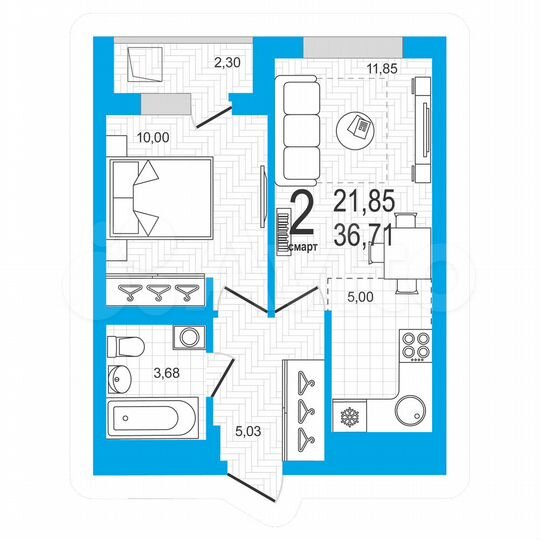 2-к. квартира, 36,7 м², 6/21 эт.