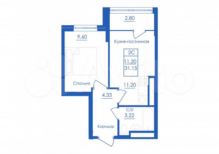 2-к. квартира, 31,2 м², 5/25 эт.